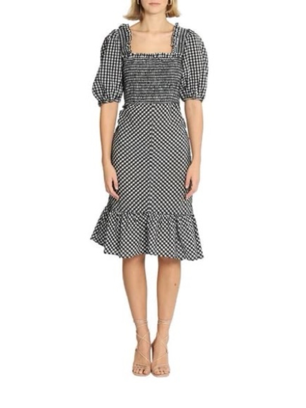 GANNI Black & White Gingham Puff-Sleeve Midi Dress Size 40 / M